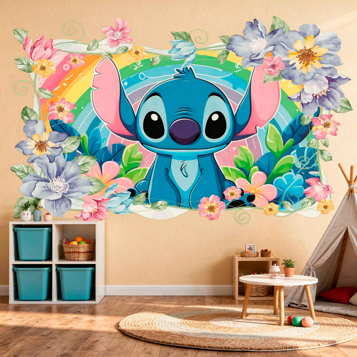 Stickers pour enfants: Stitch arc-en-ciel floral