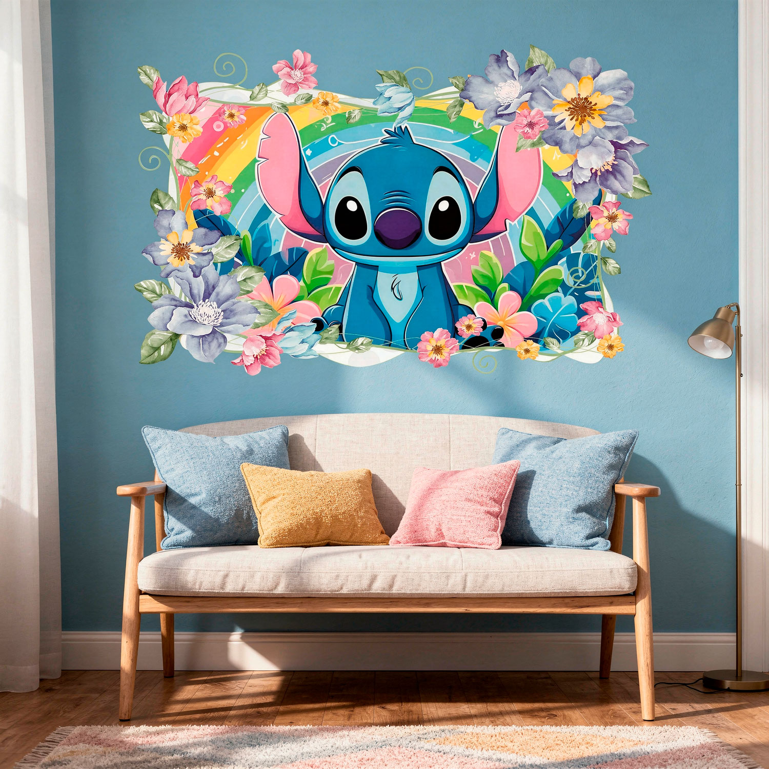 Stickers pour enfants: Stitch arc-en-ciel floral