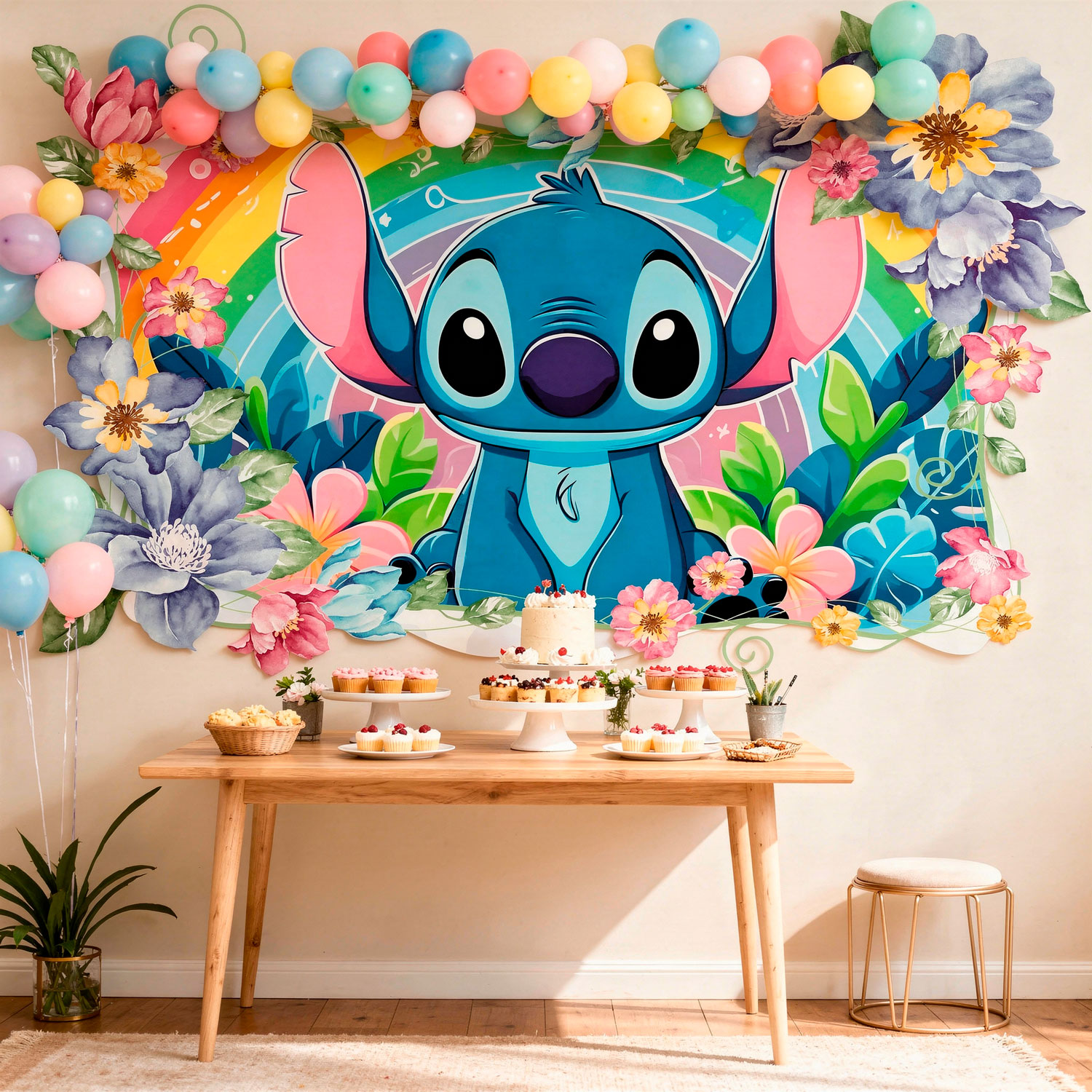 Stickers pour enfants: Stitch arc-en-ciel floral