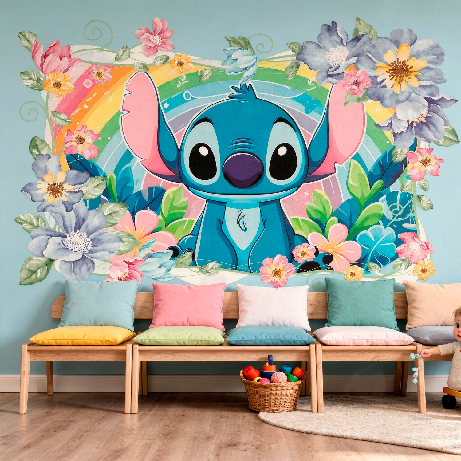 Stickers pour enfants: Stitch arc-en-ciel floral