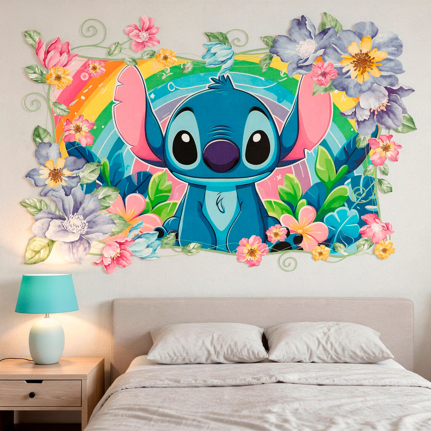 Stickers pour enfants: Stitch arc-en-ciel floral