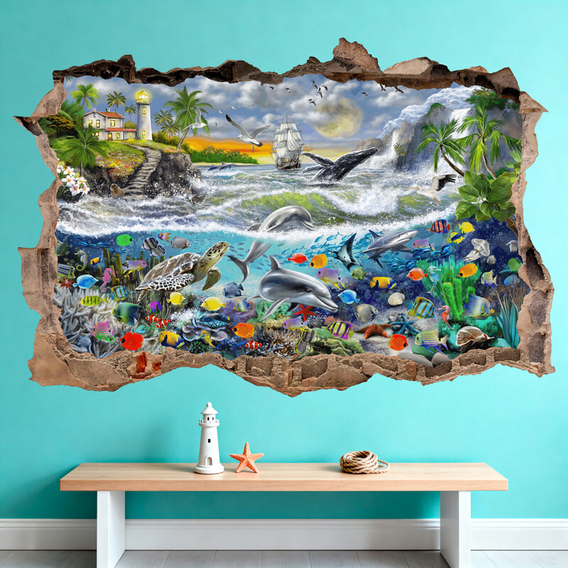 Stickers muraux: Trou dans le mur Phare et Monde Marin