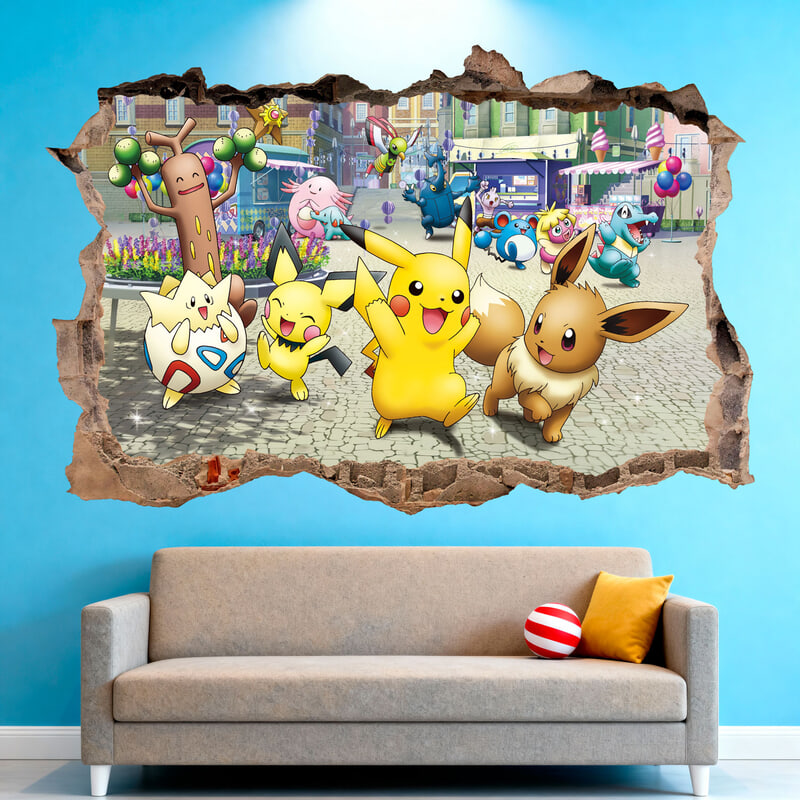 Stickers pour enfants: Trou dans le mur Pikachu et ses amis Pokémon
