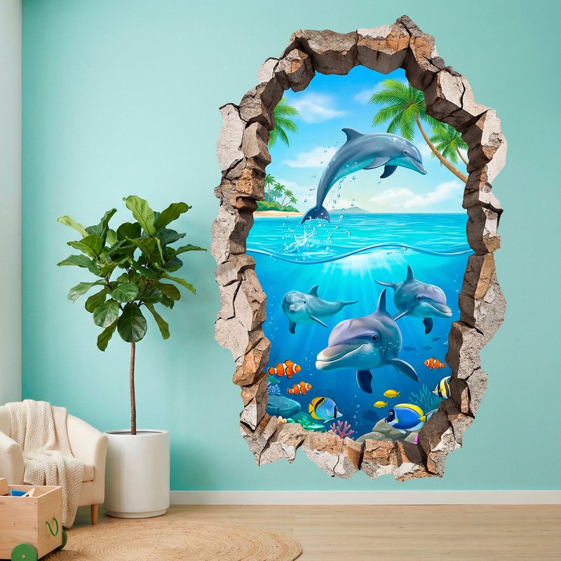 Stickers muraux: Trou de mur Dauphins tropicaux