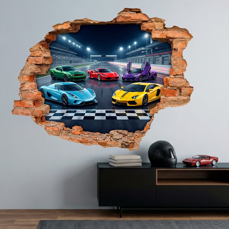 Stickers muraux: Trou de mur Voitures de sport sur circuit