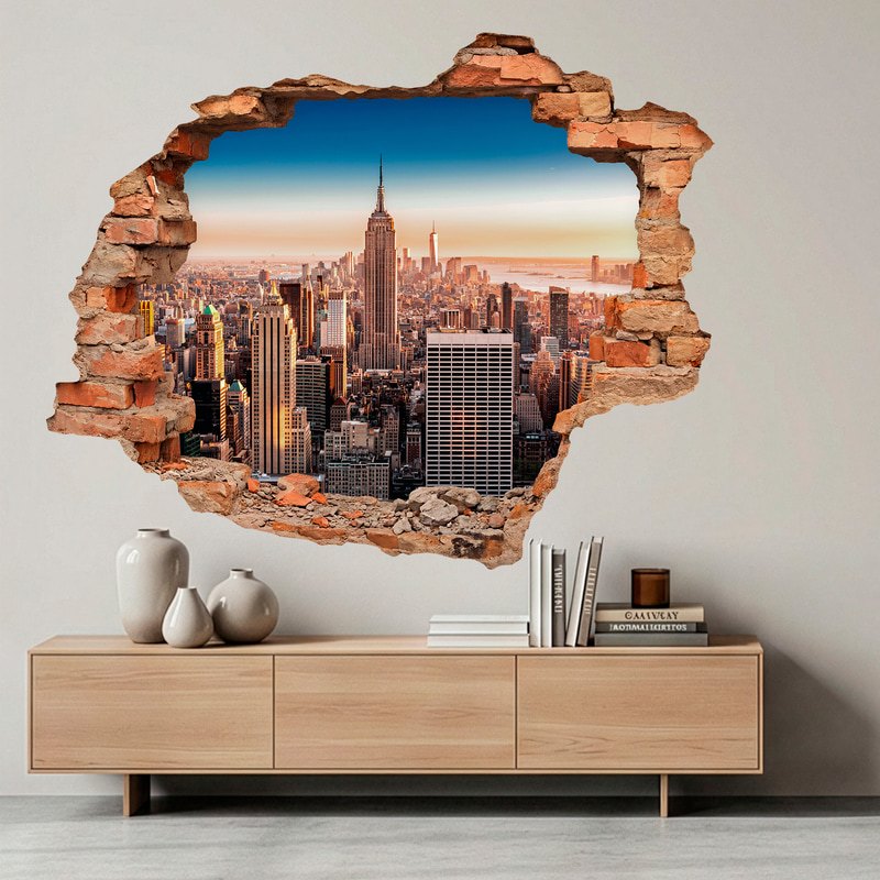 Stickers muraux: Trou de mur Skyline de New York au coucher du sole