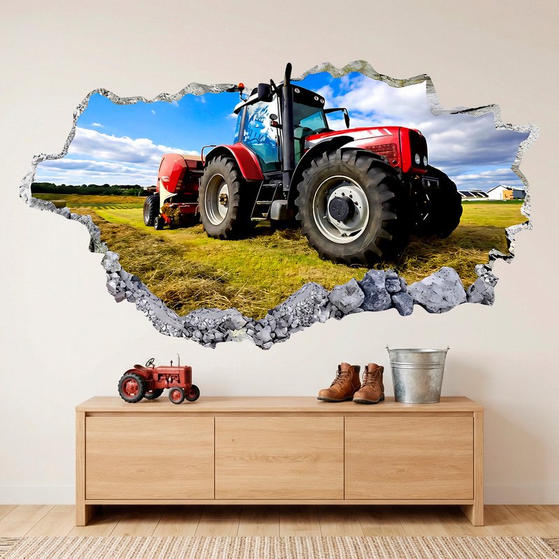 Stickers muraux: Trou de mur Tracteur rouge dans le champ