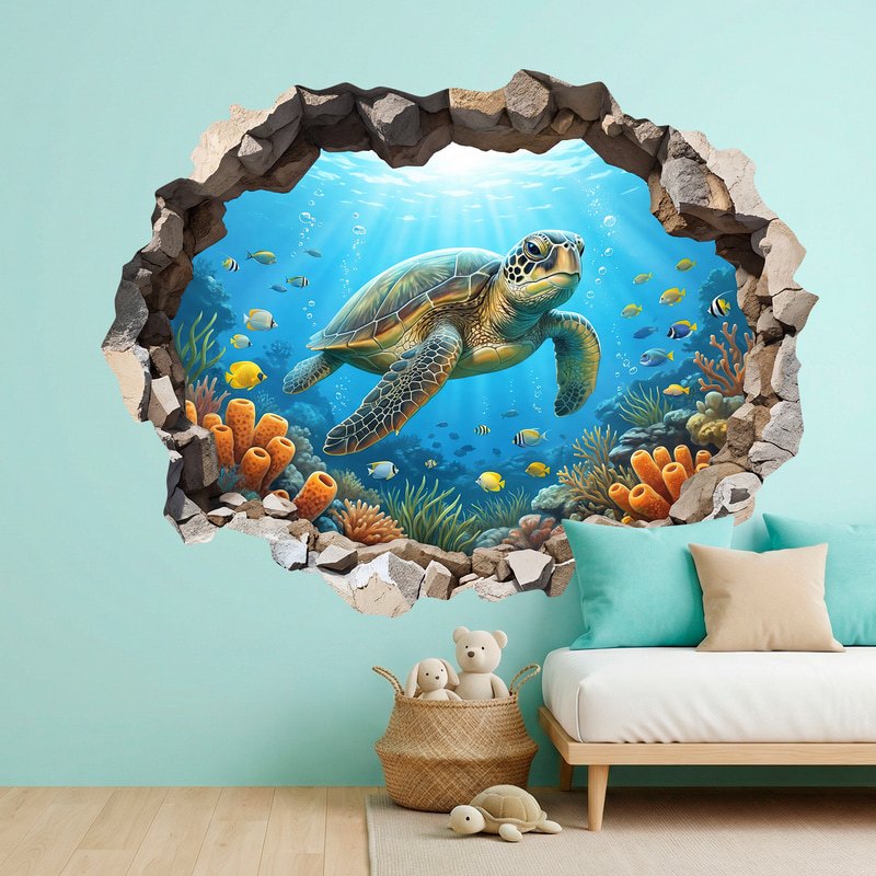 Stickers muraux: Trou de Mur Tortue de mer sur le récif corallien