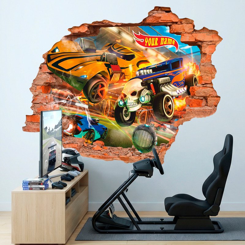 Stickers pour enfants: Trou de Mur Hot Wheels Prénom Personnalisé
