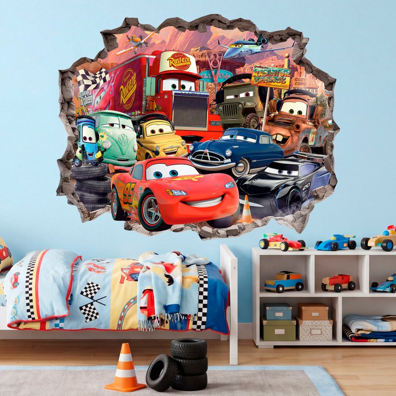 Stickers pour enfants: Trou de Mur Cars Flash McQueen et ses amis