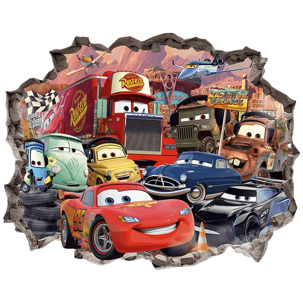 Stickers pour enfants: Trou de Mur Cars Flash McQueen et ses amis