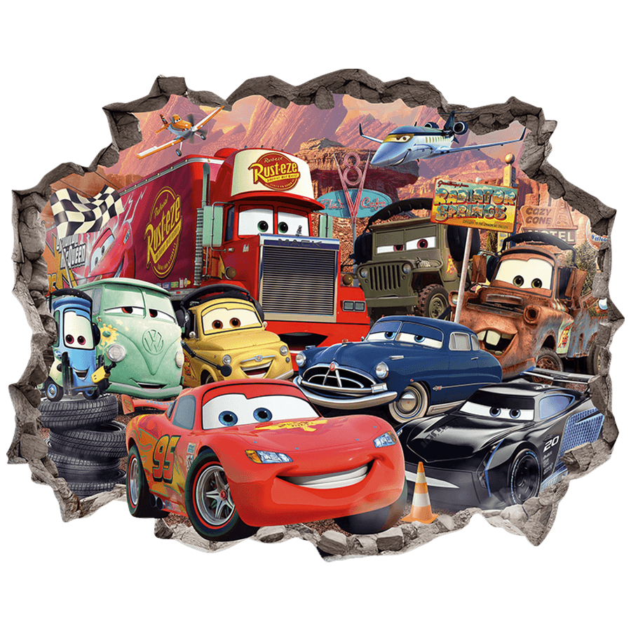 Stickers pour enfants: Trou de Mur Cars Flash McQueen et ses amis