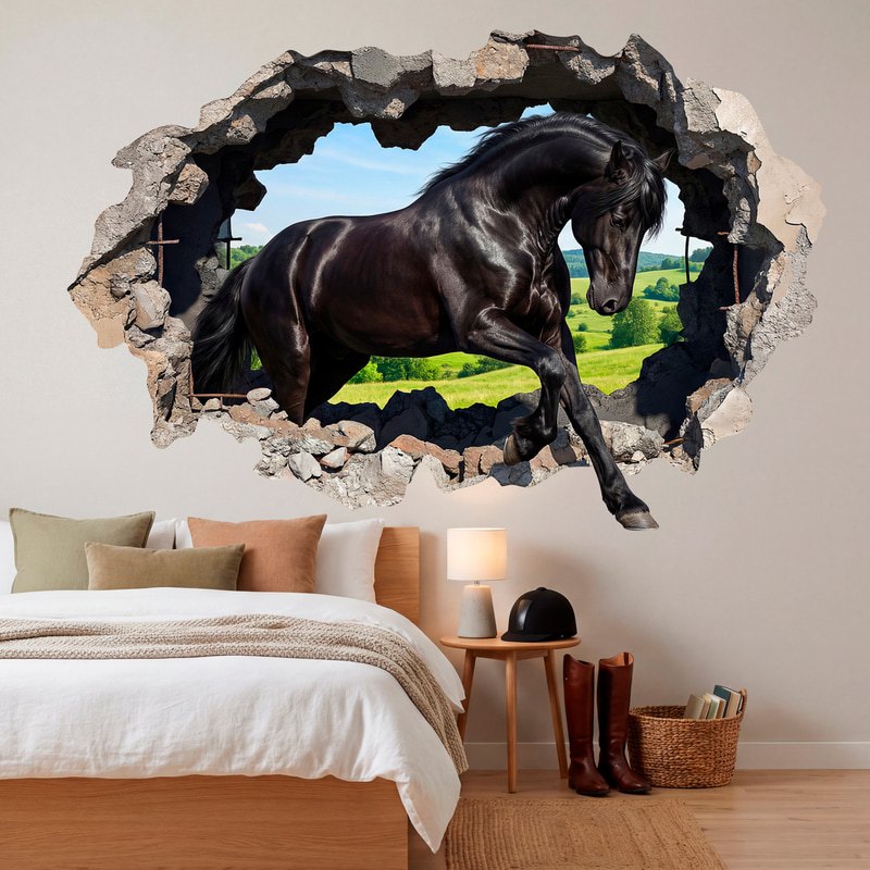 Stickers muraux: Trou de Mur Cheval noir dans le pré
