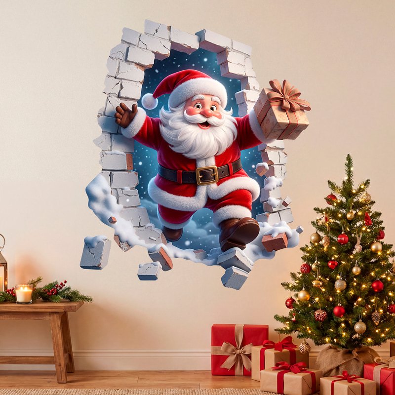 Stickers muraux: Trou de Mur P&egrave;re No&euml;l avec cadeau de No&euml;l