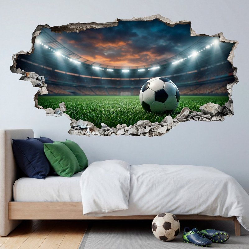 Stickers muraux: Trou de Mur Ballon de football dans stade nocturne