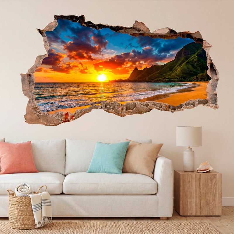 Stickers muraux: Trou de Mur Coucher de soleil sur plage tropicale