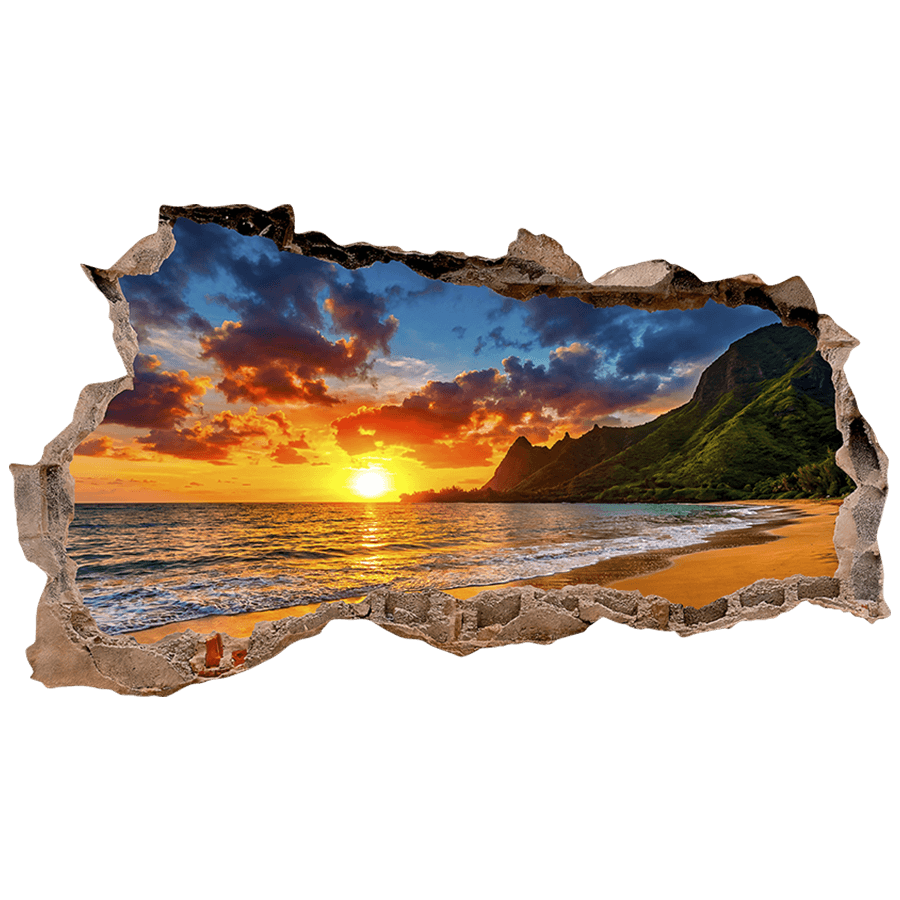 Stickers muraux: Trou de Mur Coucher de soleil sur plage tropicale