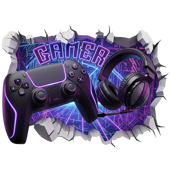 Stickers muraux: Trou de Mur Set gamer manette et casque néon