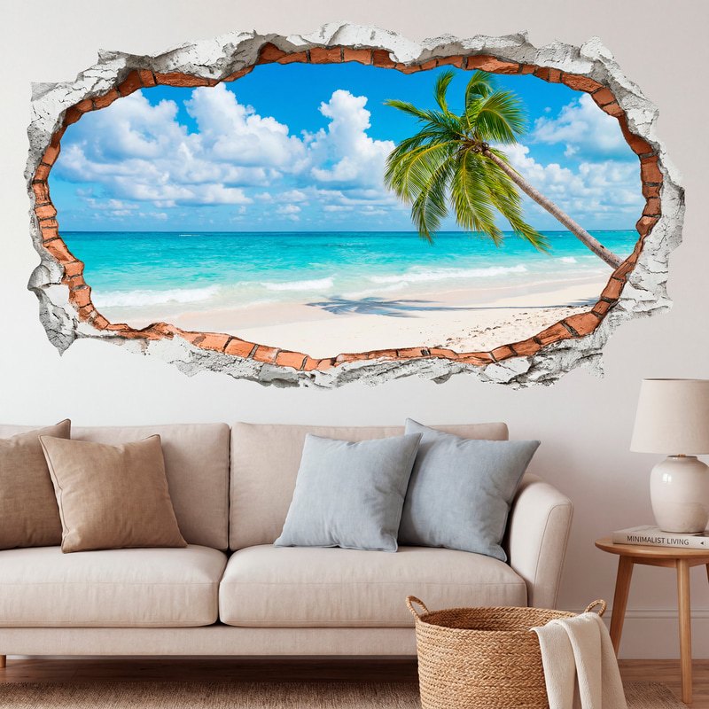 Stickers muraux: Trou de Mur Plage tropicale avec palmier solitaire