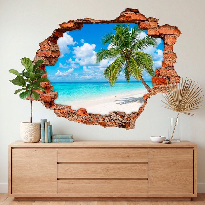 Stickers muraux: Trou de Mur Plage tropicale avec palmier au premie