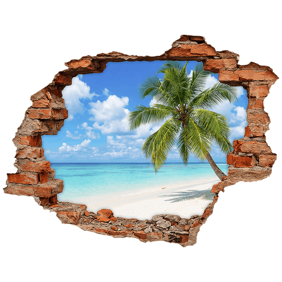 Stickers muraux: Trou de Mur Plage tropicale avec palmier au premie
