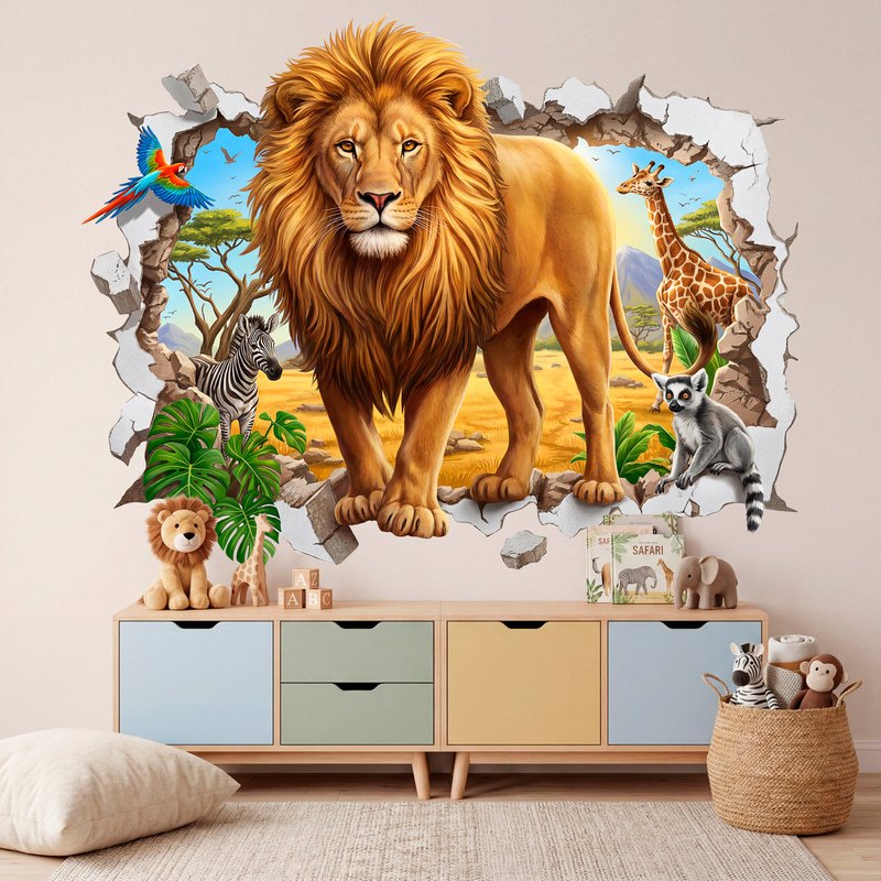 Stickers muraux: Trou de Mur Lion et animaux de la savane