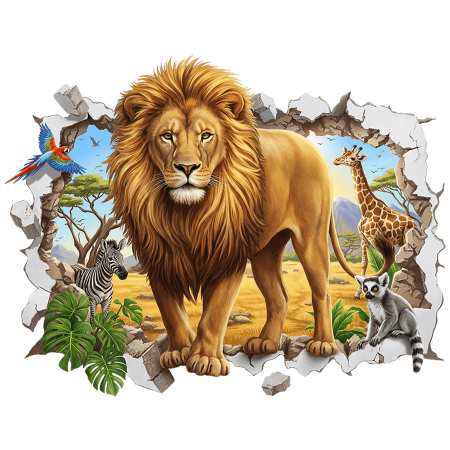 Stickers muraux: Trou de Mur Lion et animaux de la savane