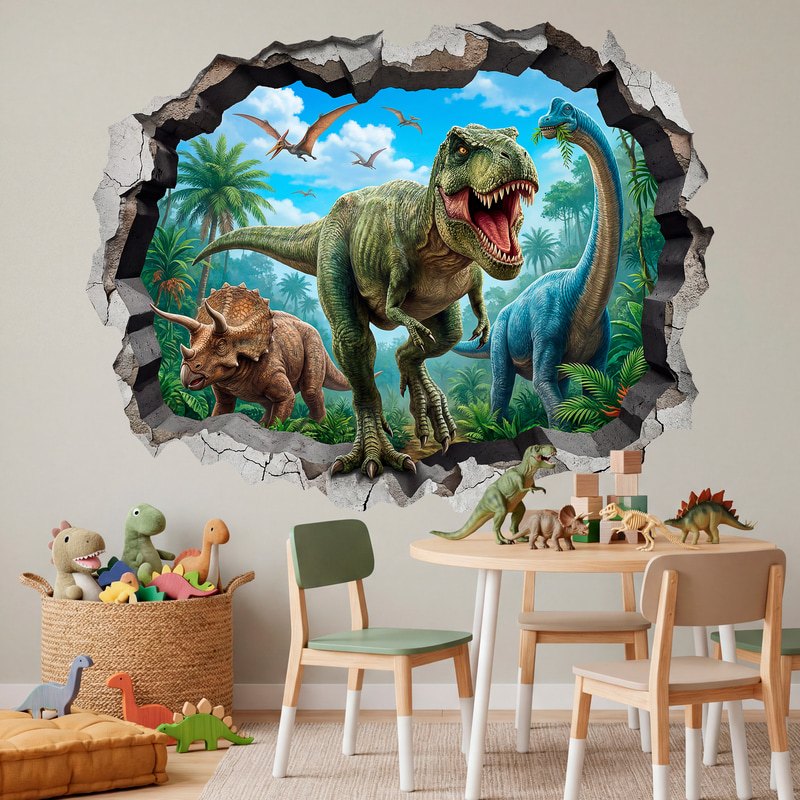 Stickers pour enfants: Trou de Mur T-Rex, Tricératops et brachiosaure dan