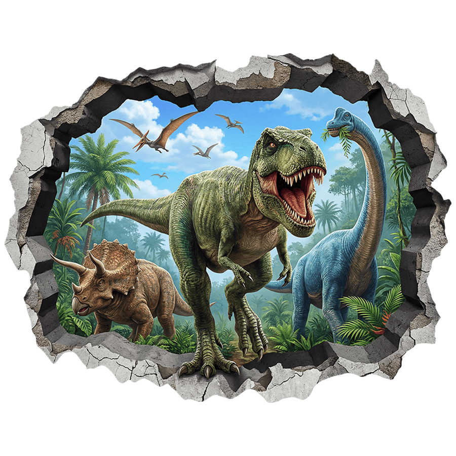 Stickers pour enfants: Trou de Mur T-Rex, Tricératops et brachiosaure dan