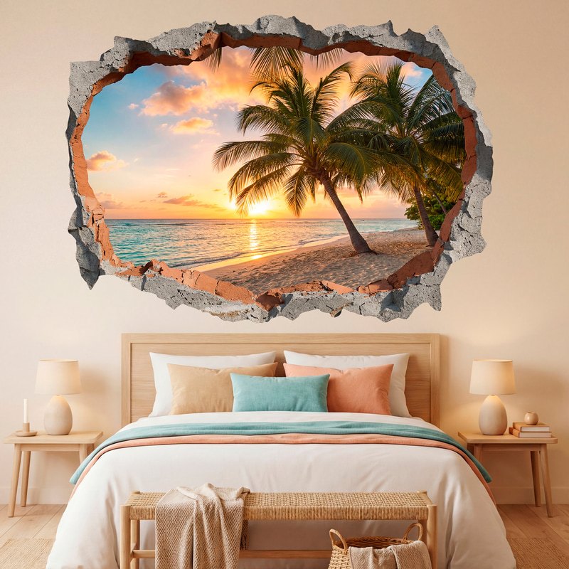 Stickers muraux: Trou de Mur Coucher de soleil sur plage tropicale