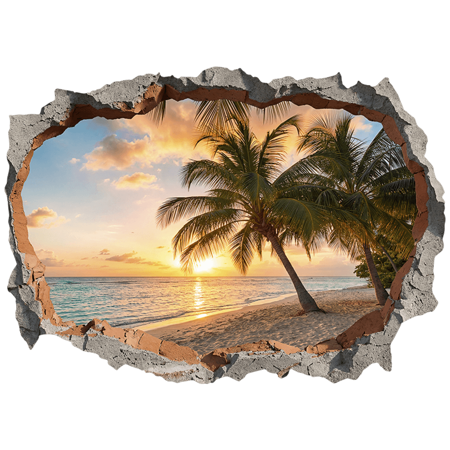 Stickers muraux: Trou de Mur Coucher de soleil sur plage tropicale