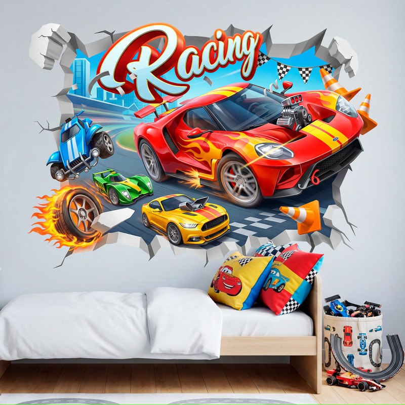 Stickers pour enfants: Trou de Mur Voitures de course Racing sur circuit
