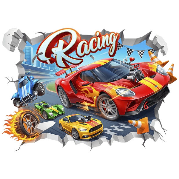 Stickers pour enfants: Trou de Mur Voitures de course Racing sur circuit