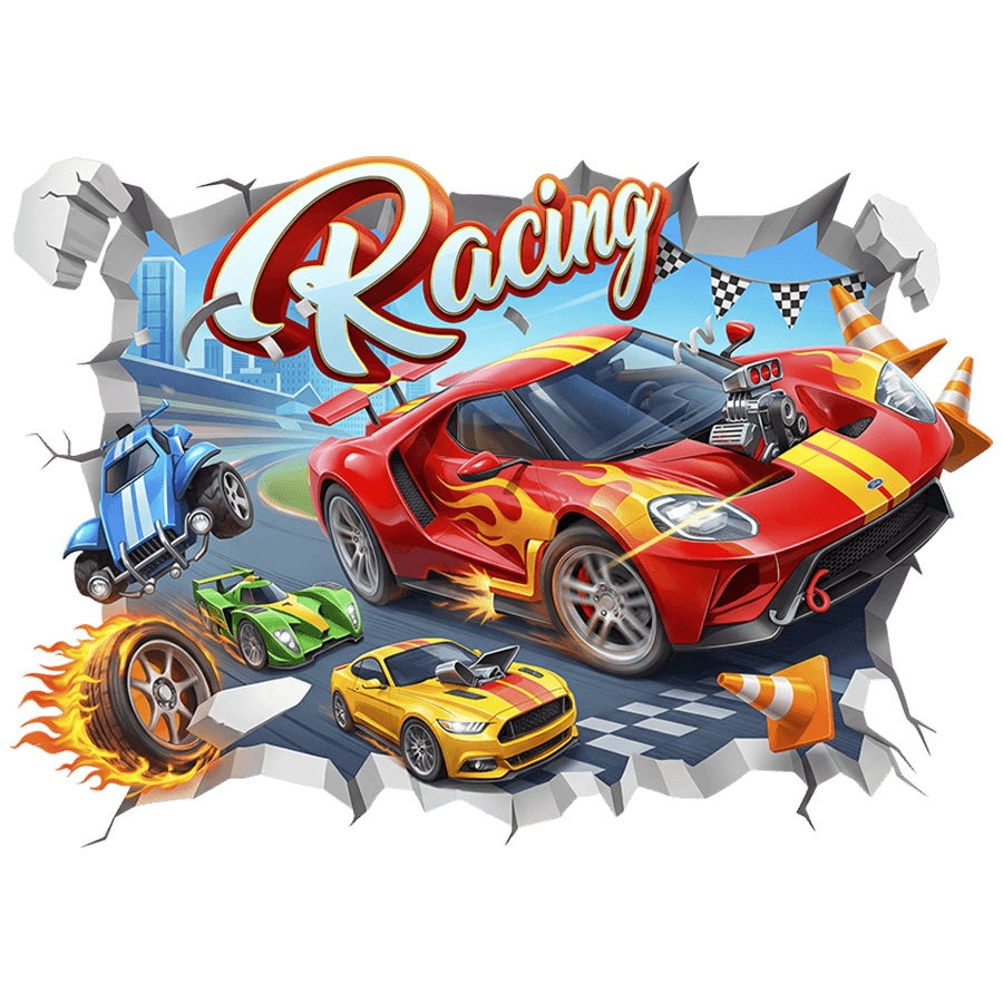 Stickers pour enfants: Trou de Mur Voitures de course Racing sur circuit