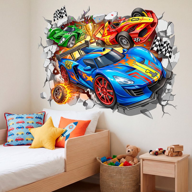 Stickers pour enfants: Trou de Mur Voitures de course avec trophée de cha