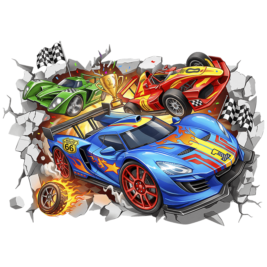Stickers pour enfants: Trou de Mur Voitures de course avec trophée de cha