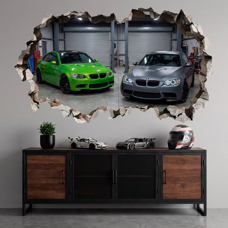Stickers muraux: Trou de Mur Deux voitures de sport BMW dans le gar