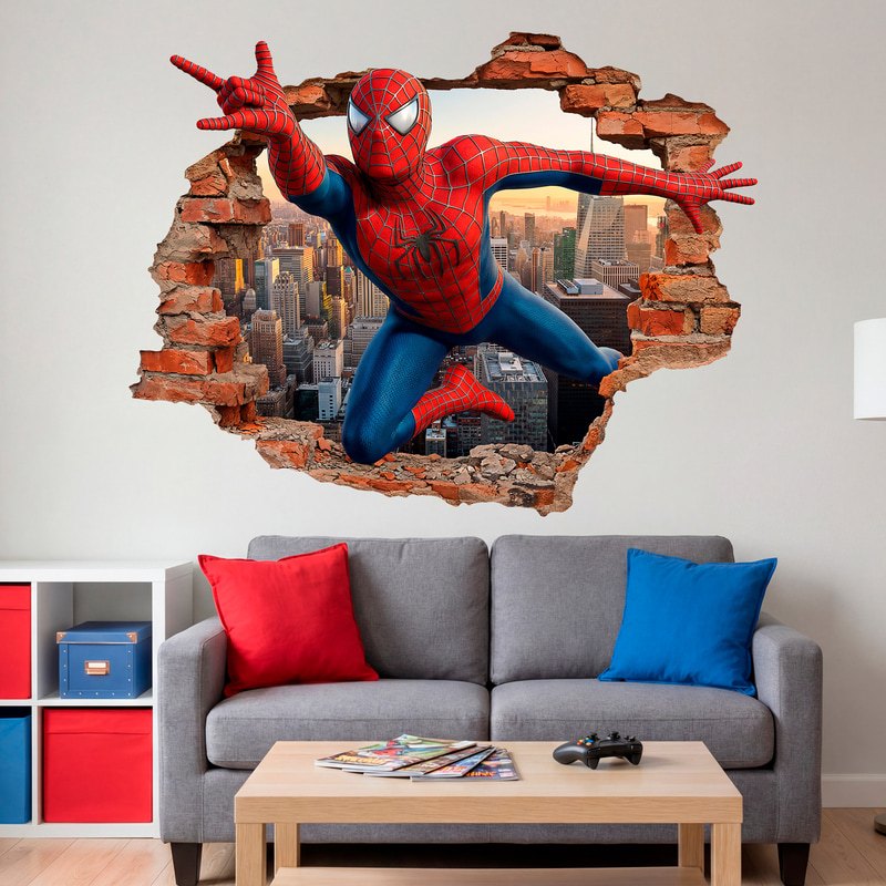 Stickers muraux: Trou de Mur Spider-Man au-dessus de la ville
