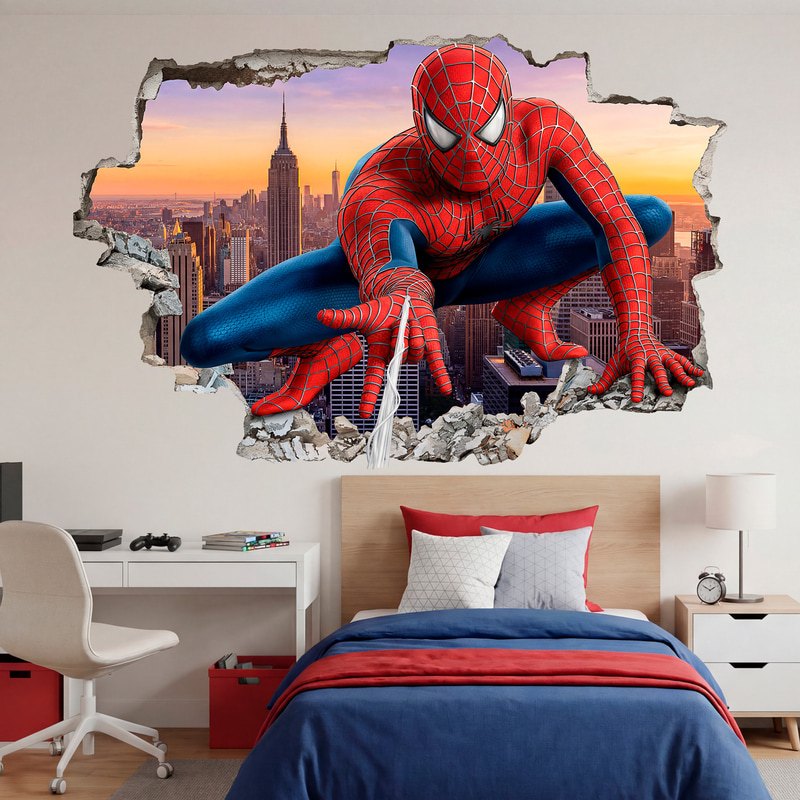 Stickers pour enfants: Trou de Mur Spider-Man lançant sa toile au-dessus