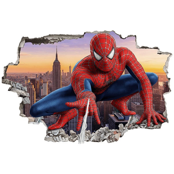Stickers pour enfants: Trou de Mur Spider-Man lançant sa toile au-dessus