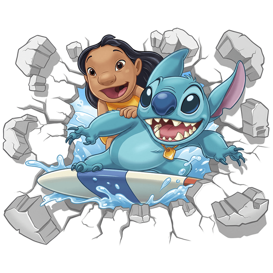 Stickers pour enfants: Trou de Mur Lilo & Stitch sur la vague