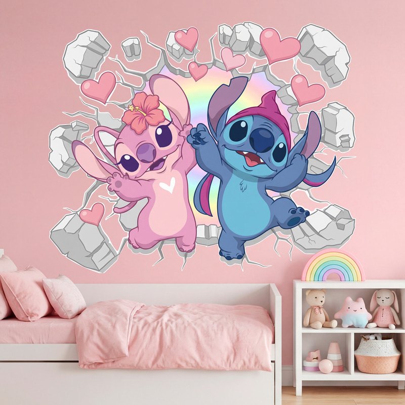 Stickers pour enfants: Trou de Mur Stitch et Angel Cœurs Arc-en-ciel