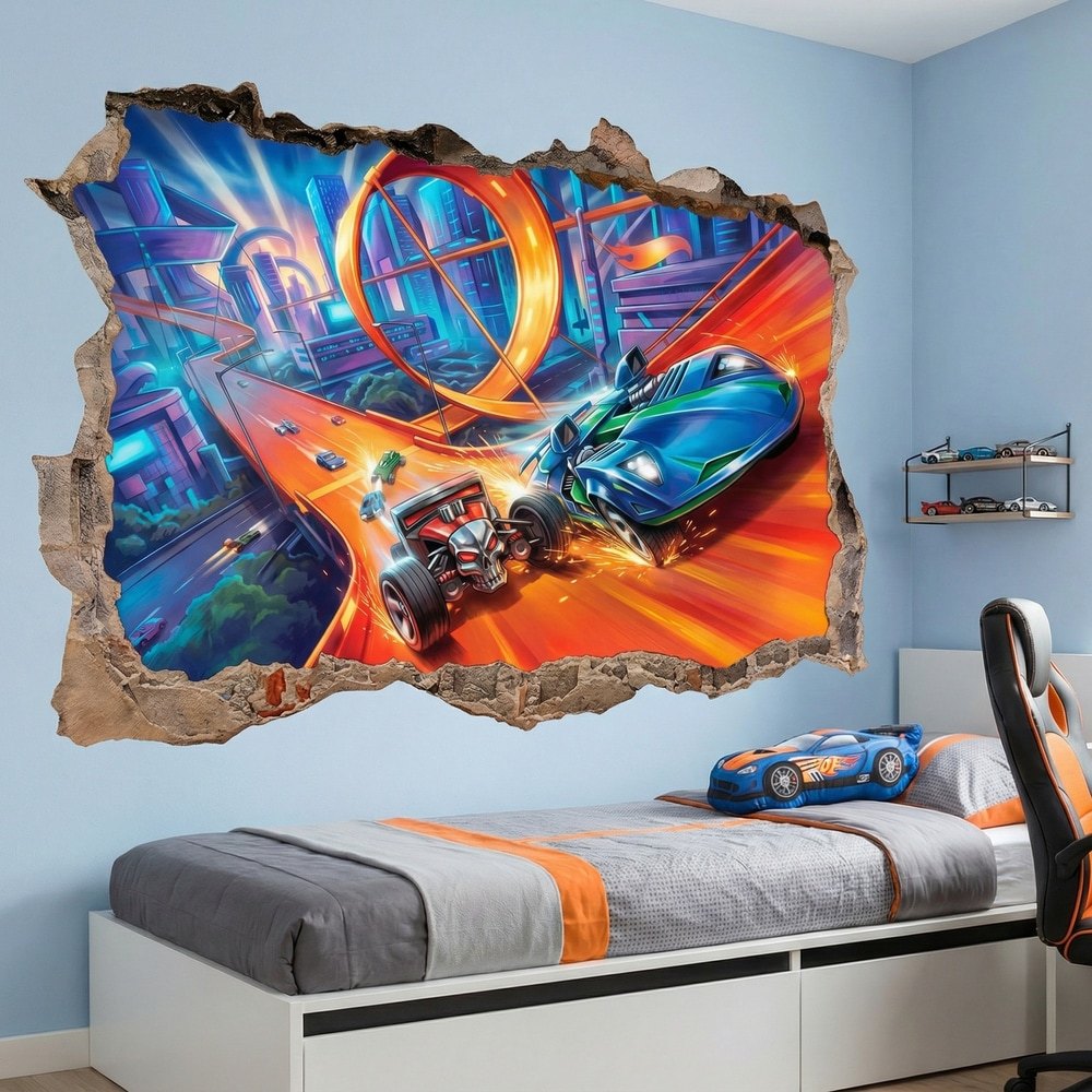 Stickers pour enfants: Brèche Murale Voitures sur Circuit Extrême