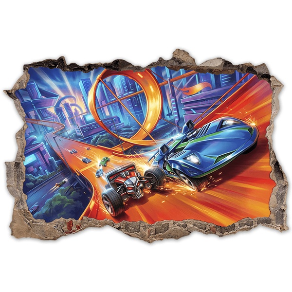 Stickers pour enfants: Brèche Murale Voitures sur Circuit Extrême