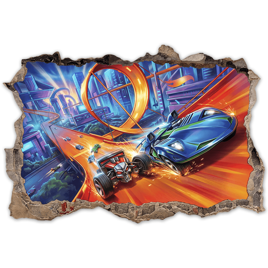 Stickers pour enfants: Brèche Murale Voitures sur Circuit Extrême
