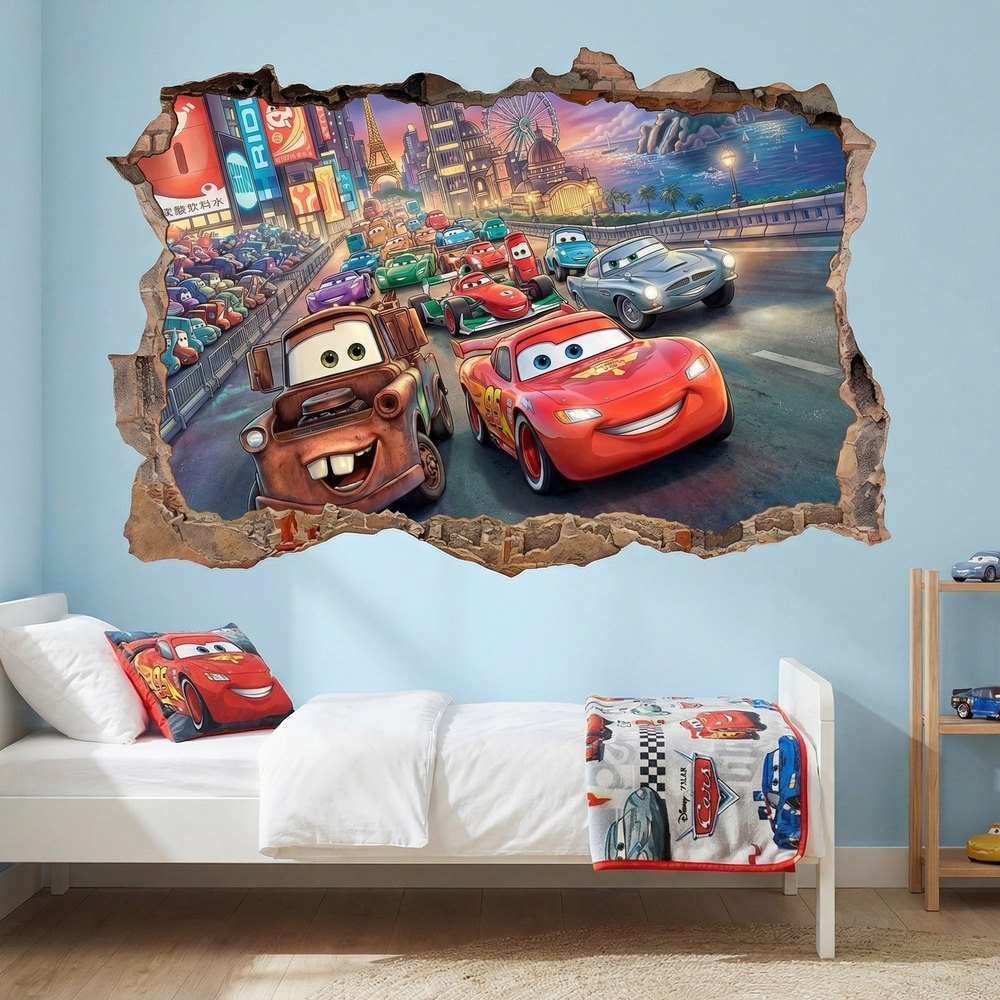 Stickers pour enfants: Brèche Murale Course de Voitures Pixar Cars