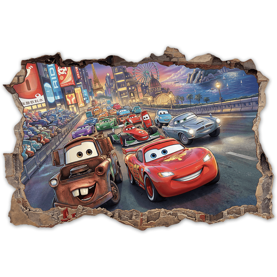 Stickers pour enfants: Brèche Murale Course de Voitures Pixar Cars