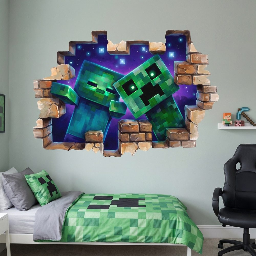 Stickers muraux: Brèche Murale Style Minecraft Zombies et Creeper