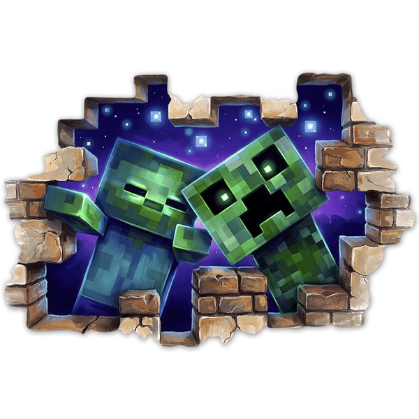 Stickers muraux: Brèche Murale Style Minecraft Zombies et Creeper