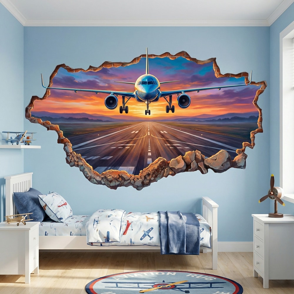Stickers muraux: Brèche Murale Avion au Décollage au Coucher du Sol